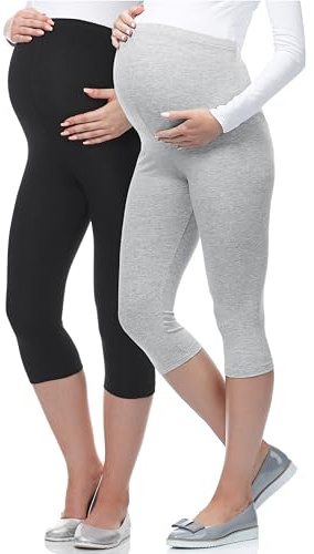Be Mammy 3/4 Umstandsleggings aus Viskose BE-03 2er Pack (Schwarz/Melange, S)