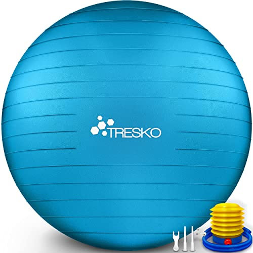 TRESKO Gymnastikball mit GRATIS Übungsposter inkl. Luftpumpe - Yogaball BPA-Frei | Sitzball Büro | Anti-Burst | 300 kg,Blau,55cm (für Körpergröße unter 155cm)