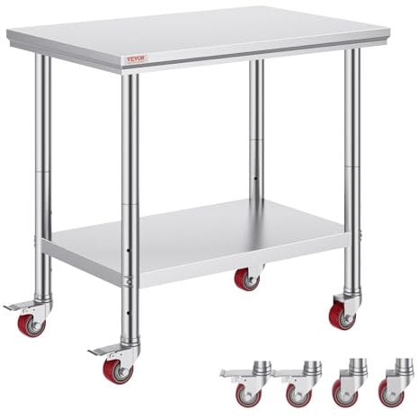 VEVOR Edelstahl Arbeitstisch Küche, 90 x 60 x 85 cm, professionelle Küchenplatte, Belastbarkeit 300 kg, Arbeitsfläche für Catering, 4 Räder für Restaurant, Schule