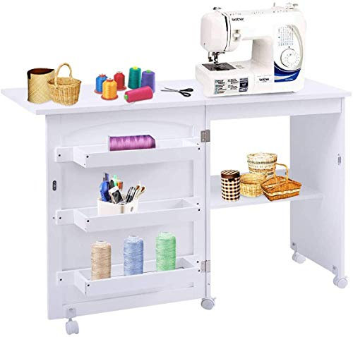 COSTWAY Mobile per Macchina da Cucire Pieghevole, Tavolo da Cucito con Ruote Bloccabili e Ripiani Portaoggetti, Tavolo per Macchina da Cucire Multiuso da Studio e Salotto (Bianco)