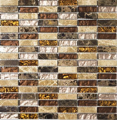 Riemchen Mosaikfliesen Glasmosaik beige braun creme orange Naturstein Marmor Wand Küche Bad WC - MOS87-1310