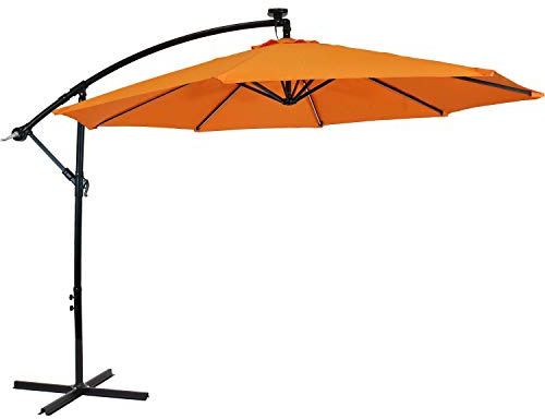 Sunnydaze 10' Solar Offset Patio Umbrella - Solar Cantilever Umbrella Outdoor with LED Lights - Polyester Shade, Air Vent, & Cross Base - Tangerine