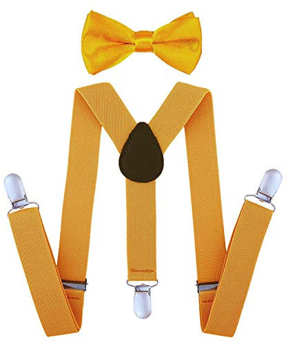 SUNTRADE Kinder-Hosenträger mit elastischer Y-Form, verstellbar mit Clips und Fliege für Jungen und Mädchen (Gold)