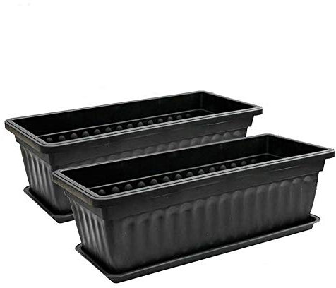 Wankd Lot de 2 jardinières de fenêtre en résine avec soucoupe - Pour l'intérieur et l'extérieur - Pot de fleurs rectangulaire pour rebord de fenêtre et patio - Noir