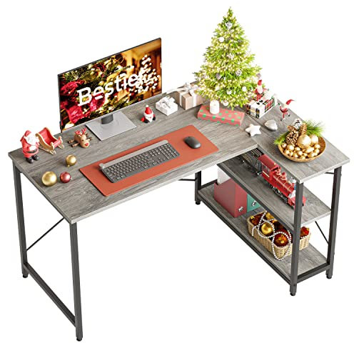 Bestier Computertisch 120CM Reversibel Schreibtisch L Form Eckschreibtisch mit Regal Verstellbare Höhe Kleiner Bürotisch mit Ablagefächern für Heimbüro Raum Stärker X Form Halterung Hellgrau