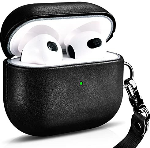 CEENFFO - Custodia in vera pelle per Airpods 3 (2021), compatibile con Airpods Pro 2, con cordino, ricarica wireless e frontale a LED visibile per custodia