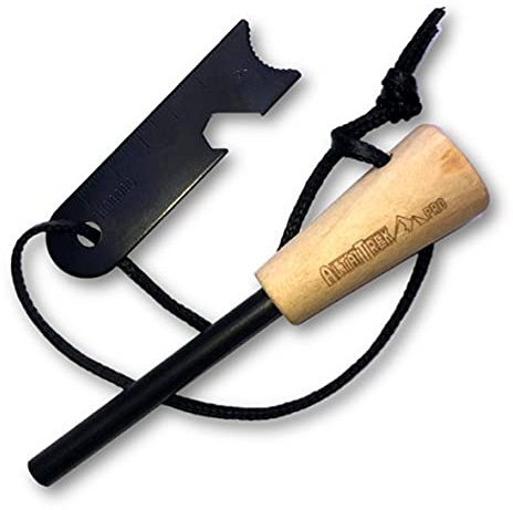 ALTAITREK PRO Überlebensfeuerzeug mit 7cm Magnesiumschaft | Handgefertigter Holzgriff und Mehrzweckschaber | Feuerstein | Schultergurt | Perfekt für Survival-Kit | Camping Streichhölzer