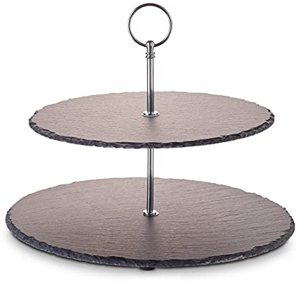 ECHTWERK EW-ET-1778 Etagere-/ Servier-Ablage für Gebäck, Obst, Käse und Dessert aus Naturschiefer mit 2 Ebenen und Metallgriff, Silber-Edition, Ø Schieferplatten ca. 25/30 cm, Steingut