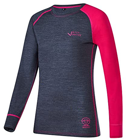 Black Crevice Damen Langarmshirt aus Merino Wolle in 44 - anthrazit/pink I Funktionsshirt atmungsaktiv I Funktionsunterwäsche I Base Layer I Long Sleeve I Skiunterwäsche
