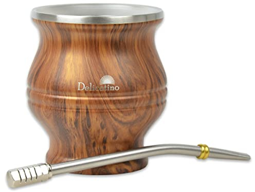 DELICATINO Mate KIT - Set composto da tazza marrone effetto legno + Bombilla HEXAGONAL 17 cm