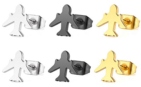 3 Paar Ohrringe für Damen Herren Edelstahl Flugzeug Ohrstecker für Männer Frauen 8mm Ohrstecker Silber Schwarz Gold