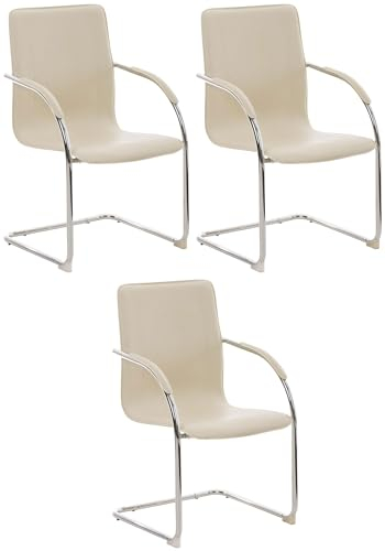 CLP 3er Set Freischwinger Melina Kunstleder I Konferenzstühle Mit Armlehne I Bürostühle Mit Metallgestell In Chrom-Optik, Farbe:Creme