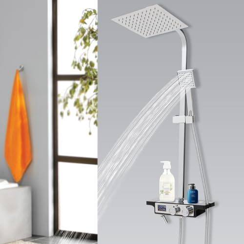 Doccia da bagno con ripiano, set doccia a pioggia, miscelatore monocomando termostatico, miscelatore doccia a parete, set doccia con beccuccio nascosto