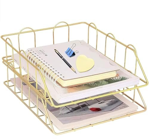 LELYFIT 2 Tier A4 Metal in Trays, Stackable Office Desk Tidy File Holder, Magazine Storage Paper Organiser (Gold)