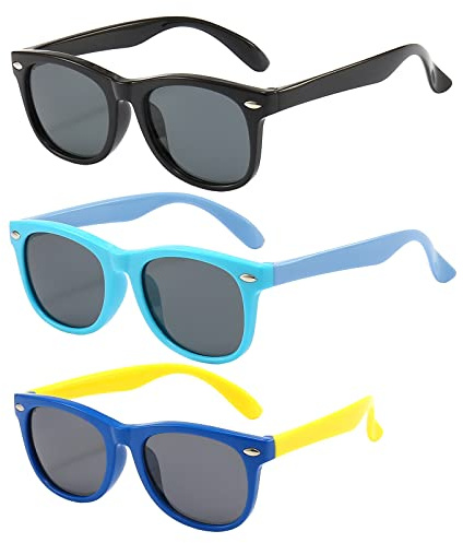 FANNYGO 3 Pack kids sunglasses for Boys Girls Kids Polarized Sunglasses boy Girl Age 3-11 (Black+blue+light blue)