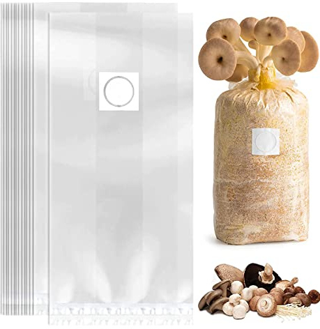 BTORER BTORER 10 Pack Mushroom Growing Bags Spawn - Large Extra Thick 3.2 Mil 8'' X 5'' 20'' 0.2 Micron Filter Breathable Autoclavable Grow Mushrooms Supplies, Kit