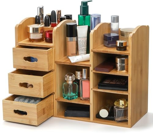 Coloch Make-up-Organizer aus Bambus mit Schubladen, multifunktionale Kommode, Make-up-Aufbewahrung, Tisch-Organizer, Regal für Schreibtisch, Hautpflege, Kosmetik-Display, Schreibwaren-Aufbewahrung