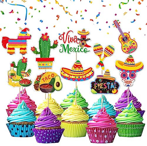 40 Stück Fiesta Cupcake Topper Kaktus Esel Maraca Sombrero Pfeffer Gitarre Cupcake Plektren für mexikanische Fiesta Thema Babyparty Geburtstag Party Kuchen Dekorationen Zubehör