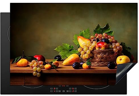 KitchenYeah© Herdabdeckplatte Einteilig Herdabdeckung Abdeckplatte für Ceranfeld Abdeckung Induktionskochfeld Aufrollbare Matte Trauben - Rustikal - Korb - Obst - Farbe - 81.6x52.7 cm