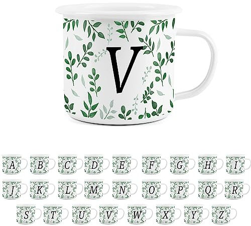 Foliage Letter V Mug -White Initial Personalised Alphabet Novelty Durable Hot Drinks Outdoor Cup for Travel Picnics Home Hiking