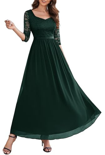 Wedtrend V-Ausschnitt Abendkleider Langarm Kleid Damen Festlich Elegant Kleider Sommer A Linie Spitzenkleid WT0312 DarkGreen L