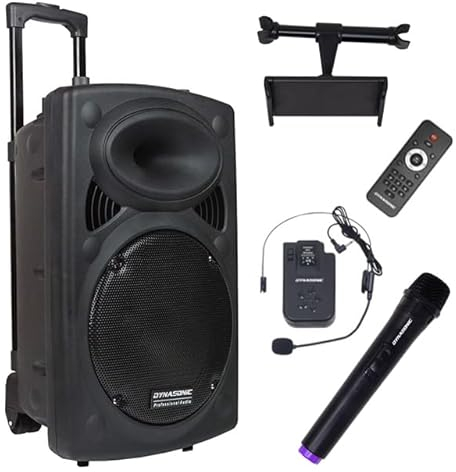 DYNASONIC - Dynapro 15' (ultima generazione) Altoparlante portatile Sistema audio professionale Potenza 800W - USB Bluetooth Radio FM Microfoni, Nero - Supporto per dispositivi mobili e tablet