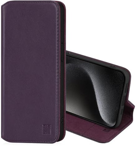 32nd Classic Series 2.0 - Real Leather Book Wallet Flip Case Cover For Apple iPhone 15 Pro (6.1), With RFID Blocking Card Slot, Magnetic Closure and Built In Stand - Aubergine