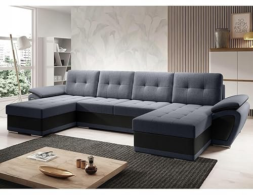 Easy4You ENZO Graphit/Schwarz Eco-Leder Ecksofa U-Form 336 x 97 x 157 cm mit Schlaffunktion und Stauraum - Schlafsofa mit Bettkasten - Moderne Wohnzimmermöbel – Stoff: SORO 97 + Soft 11