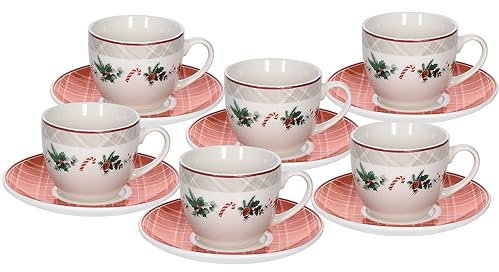 Tognana Xmas Joy, set 6 tazze tè con piatto, new bone china, rosso