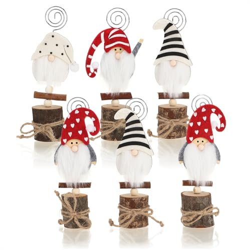 com-four® 6X Porte-Cartes GNOME - Table de Noël et Porte-Cartes de vœux en Bois - Clips pour Cartes de Menu, étiquettes nominatives, Marque-Places et Photos (6 pièces - Gnomes - mélange 01)