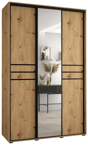 MEBLE KRYSPOL Davos 11 150 Schrank mit DREI Schiebetüren für Schlafzimmer - Moderner Schrank mit Spiegel, Kleiderstange und Regalen - 235,2x150x45 cm - Artisan Artisan Schwarz