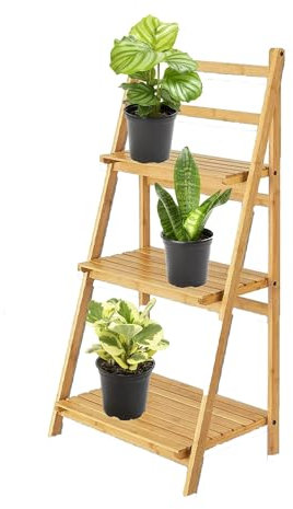 AAMEN 3 Tier Ladder Shelf, Folding Ladder Shelving Unit, Multifunctional Storage Shelf Rack, Ladder Shelf for Living Room, Kitchen, Balcony Organizer - Natural