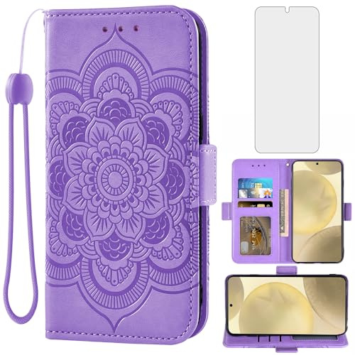 Asuwish Handyhülle für Samsung Galaxy S24 5G Hülle mit Glas Folie Schutzfolie Kartenfach Klappbar Leder Geldbörse Ständer S 24 24S S24Hülle Handy Hüllen Mandala Schutzhülle Handyhüllen Phone Case Lila