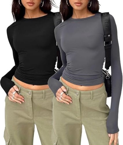 Flintronic Womens Long Sleeve Slim Fitted T-Shirts - Crop Tops Blouse Aesthetic Streetwear - Black+Grey/M