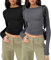 Flintronic Womens Long Sleeve Slim Fitted T-Shirts - Crop Tops Blouse Aesthetic Streetwear - Black+Grey/M