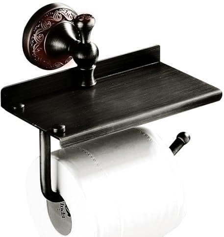 Porta carta igienica da bagno in ottone bronzo con mensola per telefono, accessori hardware da bagno neri da parete, design intagliato