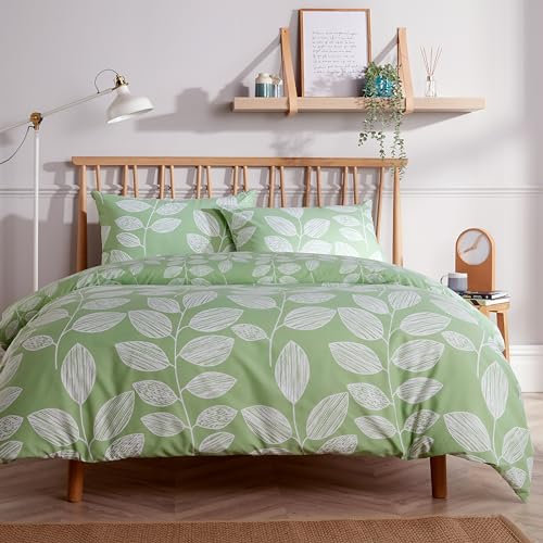 Olivia Rocco Leaves Printed Duvet Cover Set Hotel Quality Reversible Pattern Quilt Bed Cover Sets with Pillowcase, Sage Green Double