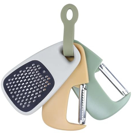 YODKIT Set di 3 utensili da cucina, pelaverdure, pelapatate per julienne, tritacarne aglio/zenzero, accessori da cucina impilabili per camper, lavabili in lavastoviglie (set di 3 colori)