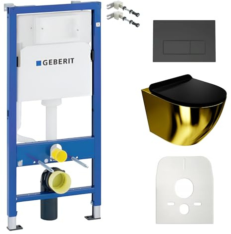 Lavita Duofix Basic Vorwandelement + Wand Tiefspül WC Sofi Slim Gold/Schwarz Spülrandlos + WC Sitz + Bedienplatte Delta 25 Schwarzer Knopf Komplettset Unterputz Spülkasten Toilette Komplett Sett WC