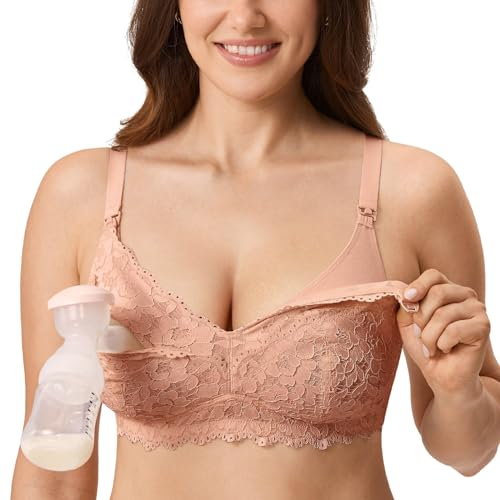 MOMANDA Women's Pumping Bra Lace Nursing Bras Maternity Breastfeeding Hands Free Breast Pump Bra Cream Coffee 36DD