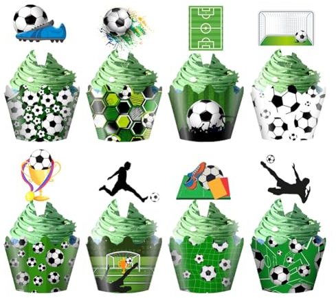48 Pieces Soccer Cupcake Toppers and Wrappers, Soccer Ball Football Sports Field Cupcake Decorations for Boys Girls Kids, Soccer Ball Decorations for Soccer Birthday Football Sports Party Supplies
