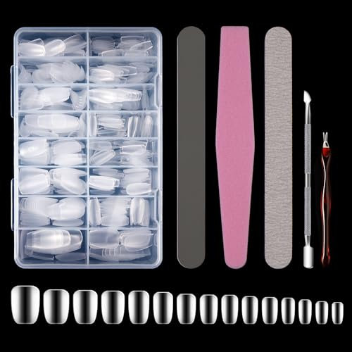 Full Cover Soft Gel Nail Tips - 450PCS Clear Acrylic Nails Extension Tips, Short Nail Tips for Gel Extensions, 15 Sizes of Trapezoid Gel x Nail Tips with Nail File,Cuticle Pusher and Fork