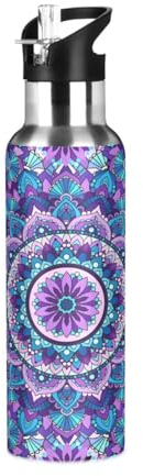 Bouteille d'eau avec paille étanche - Motif floral violet - Bouteille isotherme pour filles et garçons - 600 ml