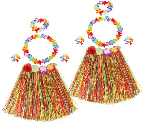 Jieddey Hawaii Kostüm,2 Sets Mädchen Hula Gras Rock Enthalten 2 Hula Grasrock+2 Halsgirlande+2 Stirnband+4 Armbänder Blumenleis für Tropische Moana Luau Geburtstagsparty Supplies Party Deko