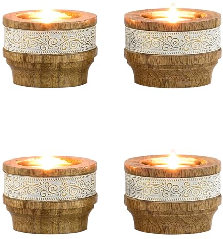 Marrakesch 4er Set Boho Deko Teelichthalter Kerzenständer aus Holz und Metall 7,5cm groß Hannan | Vintage Orientalische Kerzenhalter als Wohnzimmer Tischdeko oder Schlafzimmer Zimmer Frühlingsdeko