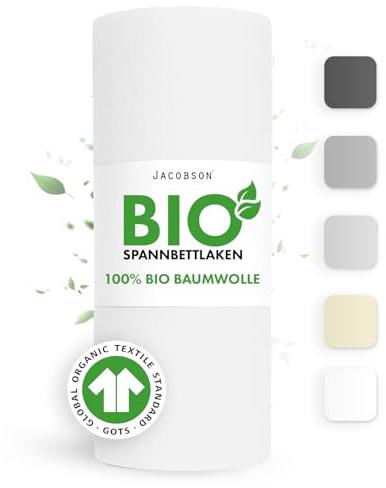Jacobson Bio Spannbettlaken 200x200cm Baumwolle Spannbettlaken, GOTS zertifiziertes Bettlaken, 160g/m² Jersey Spannbetttuch (200x200, Weiß)