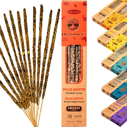 Incienso Natural - 8 o 10 Varillas de Incienso orgánico Ullas - inciensos Naturales Hechos a Mano - varitas de Larga duración (60 min) (25gr/Caja) -1 cajetilla (Palo Santo para Limpieza Energética)