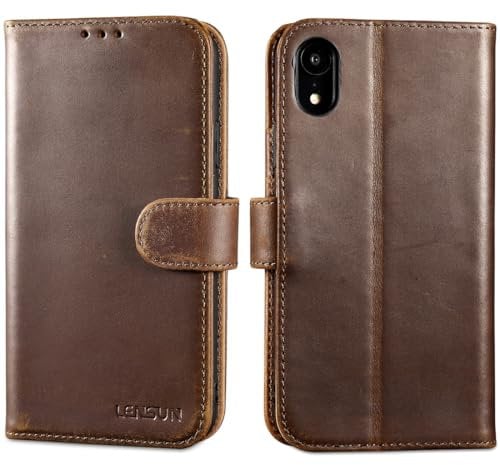 LENSUN Echtleder Hülle für iPhone XR, Lederhülle Handyhülle [Echtes Leder][Kartenfach][RFID Schutz] Handytasche Klappbar Kompatibel mit iPhone XR - Vintage Dunkelbraun