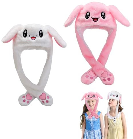 2 PCS Moving Kaninchen Hut, hasenmütze,hut mit beweglichen ohren, rabbit ears hat , Plüsch Tier Ohr Hut, niedlich lustig plüsch hut für Make up Party,Weihnachtsfeier Fasching,Karneval(weiß, rosa)