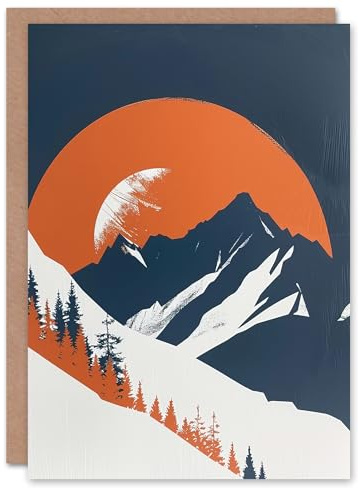 Artery8 Greeting Card Abstract Winter Crescent Moon Mountain Landscape Blank For Him Or Her Art Birthday Card